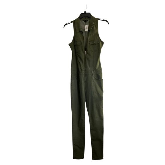 V.I.P. Jeans Jumpsuit Womens XL Olive Green Sleeveless Zip Front Utility Pockets - Picture 1 of 13